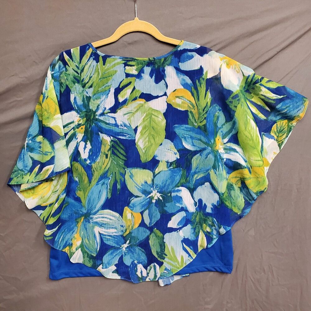 Alfred Dunner Womens Floral Bohemian Chic Batwing Top Size 14 Blue Green Yellow - Picture 3 of 7